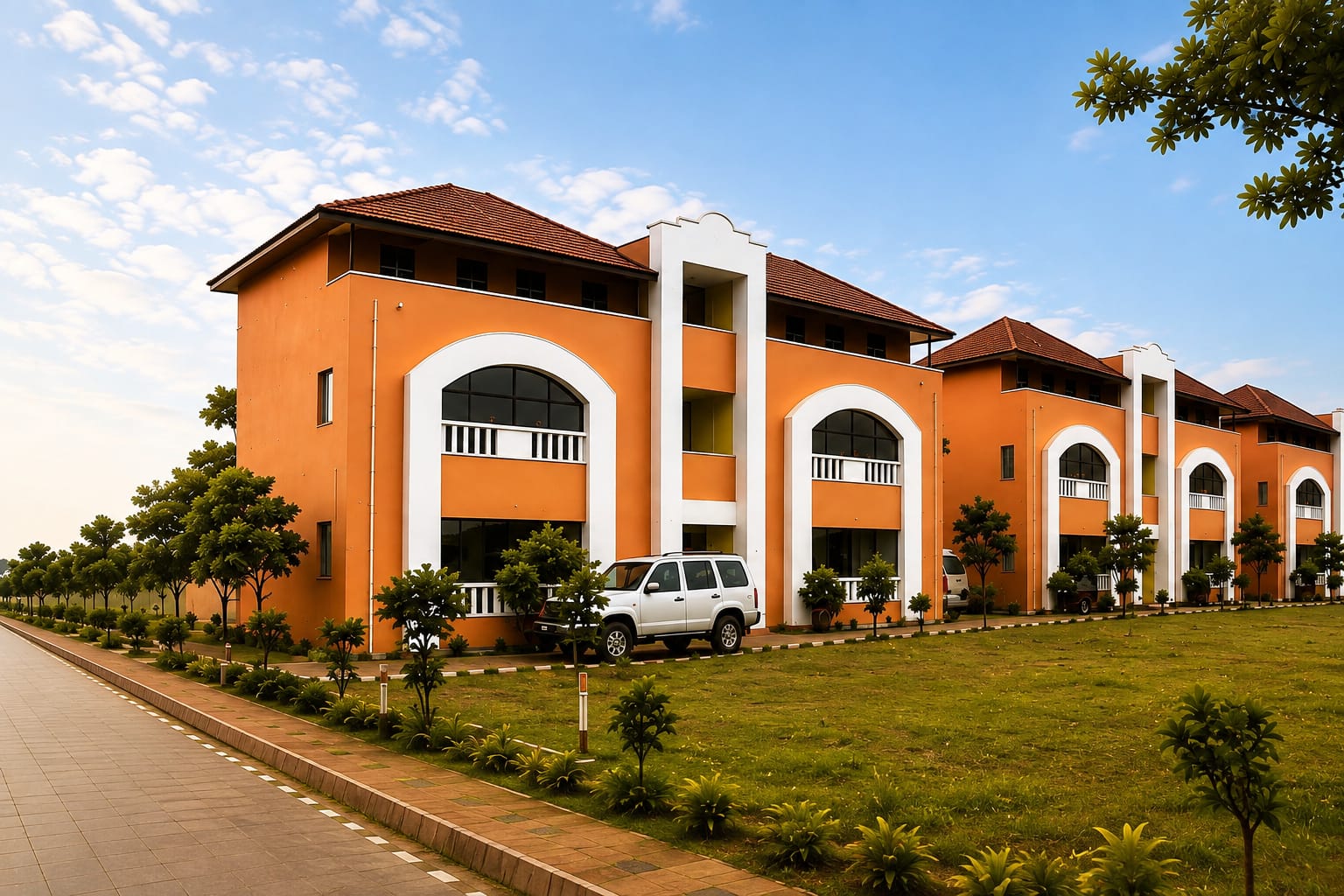 Hotel Sampoorna building exterior — orange colonial-style facade with landscaped garden
